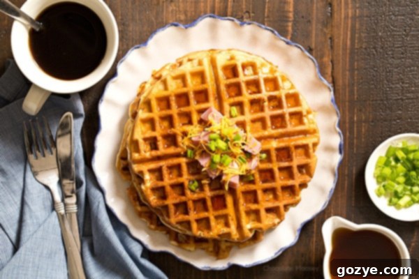 Close up view of golden-brown Ham and Cheese Waffles, showcasing the fluffy texture and melted cheese