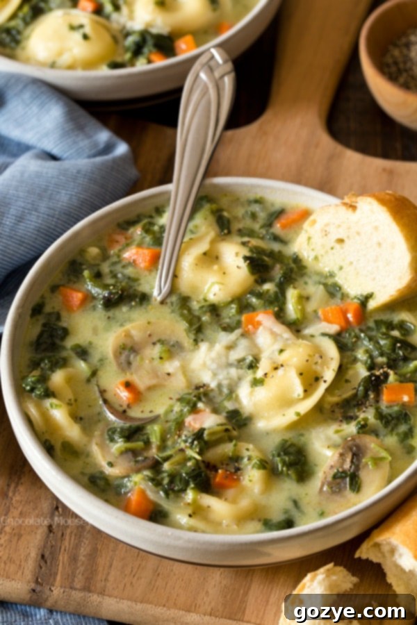Close-up of hearty Spinach Mushroom Dumpling Soup with colorful vegetables and pelmeni
