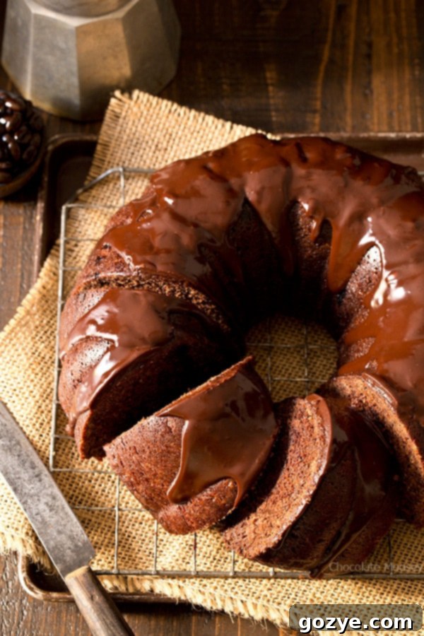 Side view of a Chocolate Mocha Pumpkin Bundt Cake with glossy ganache