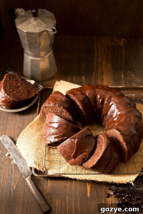 Top-down view of a Chocolate Mocha Pumpkin Bundt Cake, showcasing its design