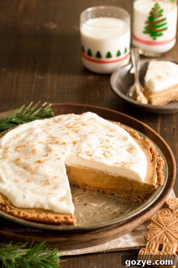 A final close-up shot of a single slice of No Bake Gingerbread Pie on a white plate, garnished with extra cookie crumbs, ready to be enjoyed.