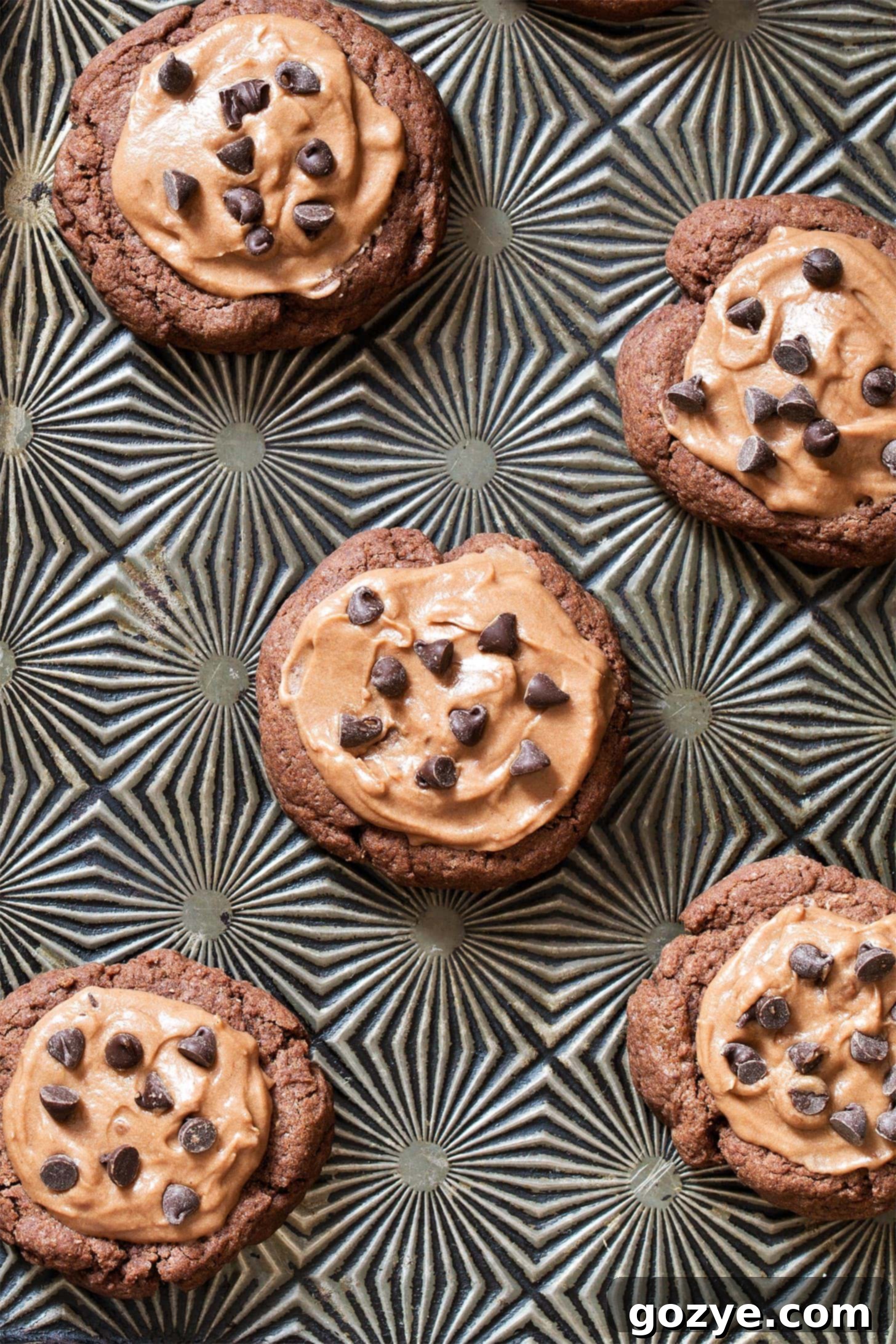 Close up shot of a tray of freshly baked chocolate sugar cookies, unfrosted
