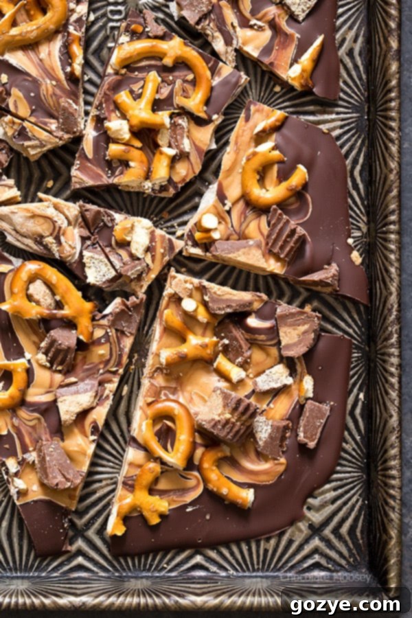 Close up of chocolate pretzel bark on cookie tray