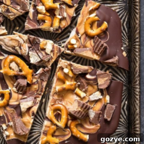 Close up of chocolate pretzel bark on cookie tray