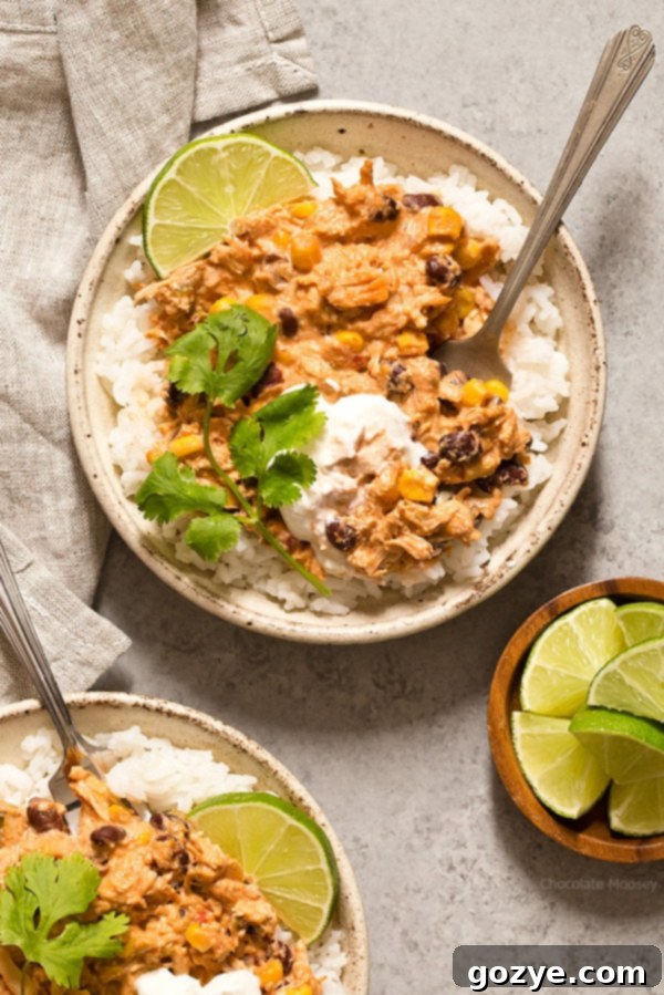 Warm and spicy Slow Cooker Salsa Chicken served over rice with fresh cilantro and lime. This recipe is perfectly scaled for 4 servings, realistically feeding 2 people with generous portions or leftovers.