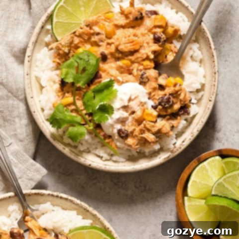 Slow Cooker Salsa Chicken with rice, cilantro, and lime
