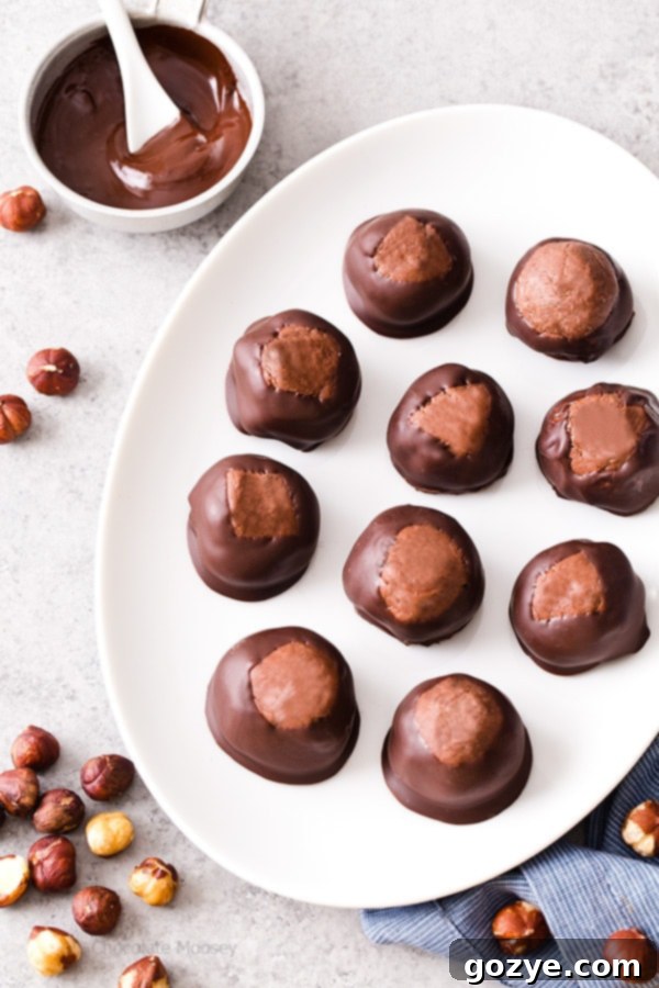 Hazelnut Cocoa Delights 2 Break away from tradition and serve these Chocolate Hazelnut Buckeyes at your next party! The filling is made with chocolate hazelnut spread, giving this sweet treat a double dose of chocolate.