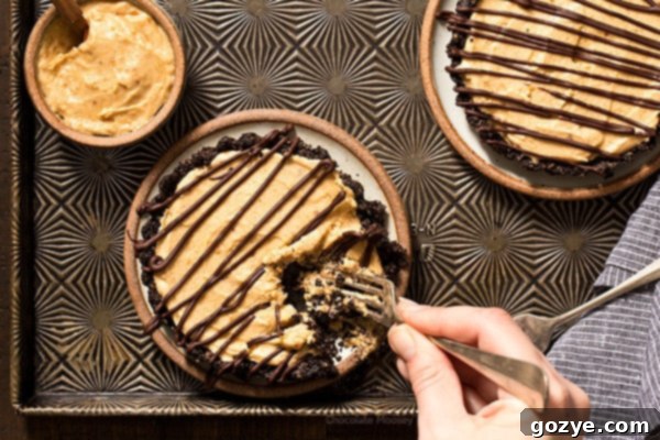 Close-up of a No-Bake Mini Peanut Butter Mousse Tart, showing the creamy eggless mousse, chocolate cookie crust, and elegant chocolate drizzle. Perfect for a sweet date night dessert.