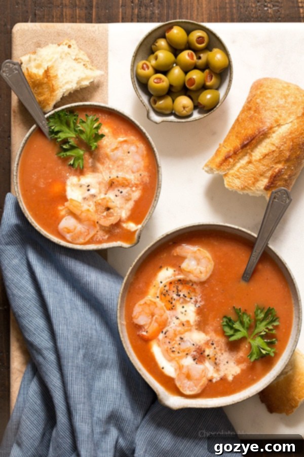 One-Pot Bloody Mary Tomato Soup with Shrimp, served hot for comfort or cold for refreshment.