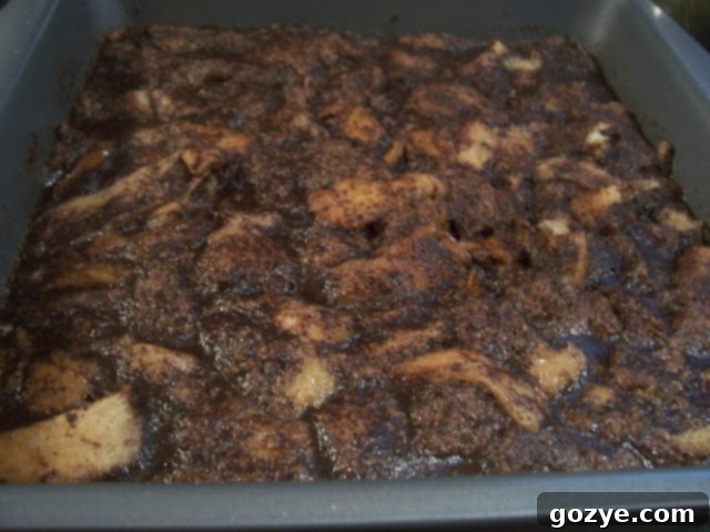 Close-up of Dorie Greenspan's Four-Star Chocolate Bread Pudding, showing its moist interior and melted chocolate pieces.