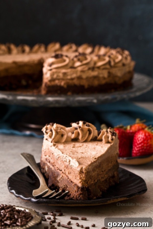 Slice of Brownie Bottom Chocolate Mousse Cake with chocolate whipped cream