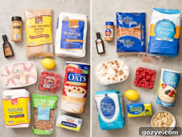 Raspberry Crisp Duet 4 ALDI product comparison for baking ingredients like raspberries, oats, cinnamon, and butter.