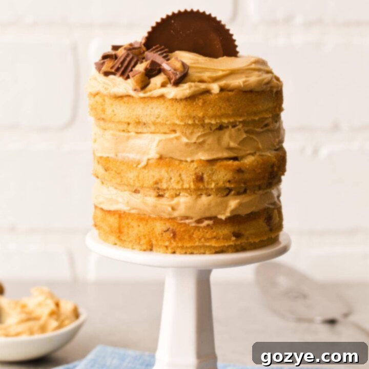 Peanut Butter Birthday Cake on a mini white cake stand