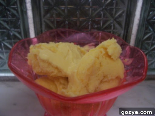 A scoop of homemade honey mango ice cream in a bowl, with mango chunks visible.