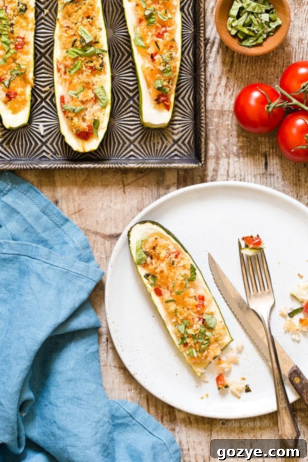 Garlic Parmesan Stuffed Zucchini Boats with rice and a crunchy panko topping