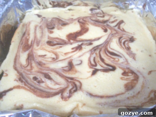 Beautifully swirled Espresso Cheesecake Brownies, a top-down view showing the intricate patterns.