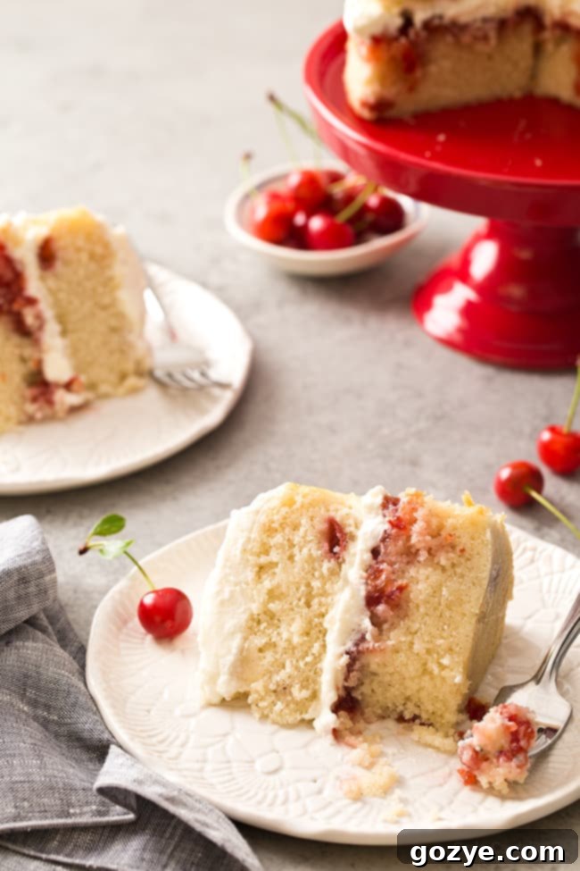 A delicious slice of small cherry vanilla cake showing two moist vanilla layers, a bright red cherry jam filling, and fluffy white whipped cream frosting.