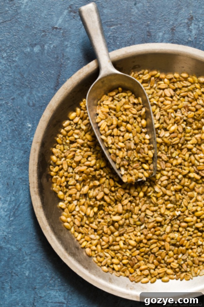 A close-up view of cooked freekeh, showing its chewy texture and nutty appearance, ready to be mixed into a salad.