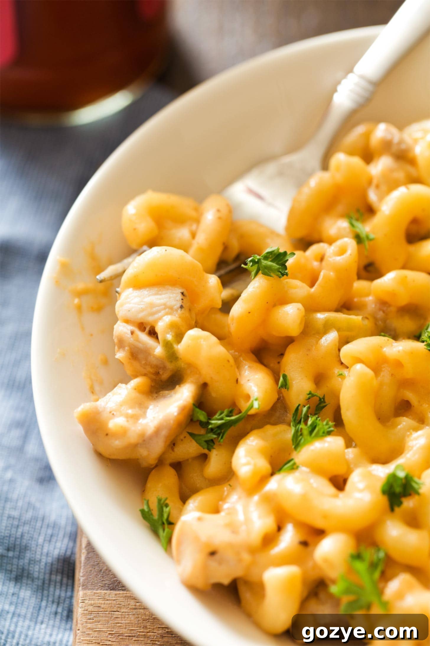 Close up of buffalo chicken mac and cheese