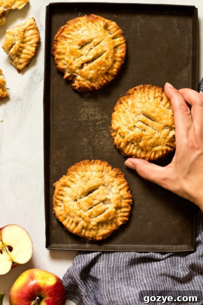Two freshly baked apple hand pies, golden brown and flaky, with a dusting of powdered sugar, presented on a rustic wooden board, ready to be enjoyed.