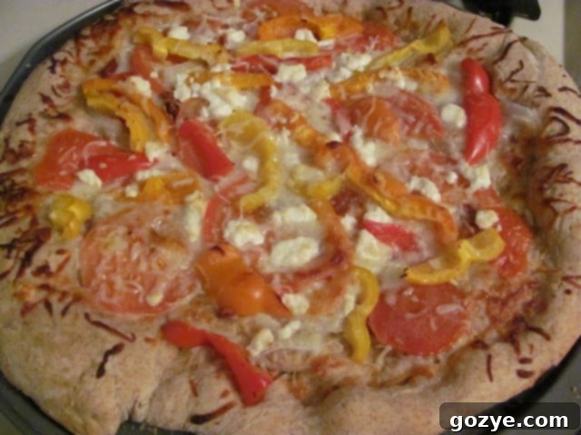 Close-up of baked Goat Cheese Pizza