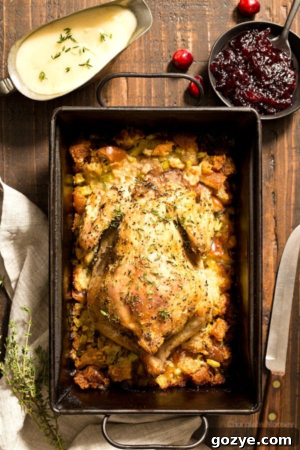 A perfectly roasted Cornish hen with stuffing, ideal as a Thanksgiving main dish for two.