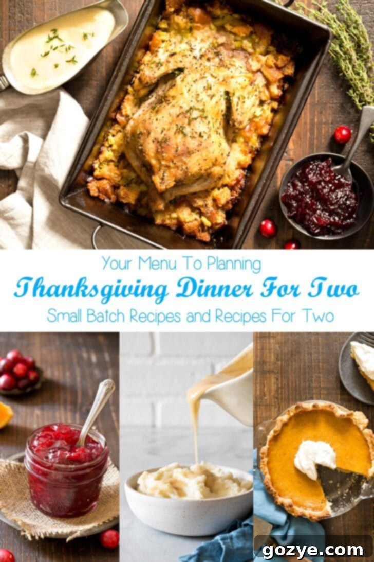 A collage of Thanksgiving dishes for two: stuffed Cornish hen, homemade cranberry sauce, creamy mashed potatoes, and a small pumpkin pie slice.