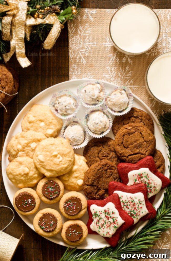 A close-up shot of a magnificent Christmas cookie tray, showcasing a variety of shapes, colors, and textures, all perfectly arranged.