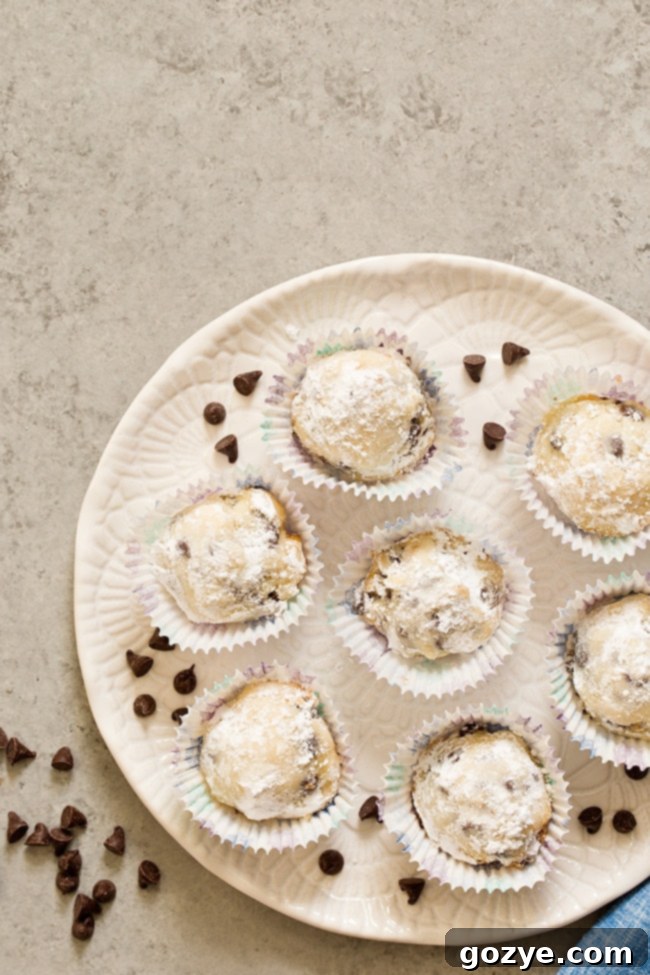 Close-up of fluffy Chocolate Chip Snowball Cookies on a white plate, showing the texture