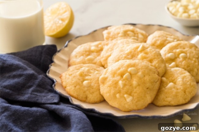 Add some brightness to your cookie tray with soft Lemon White Chocolate Chip Cookies! Recipe makes 1 dozen cookies with a punch of lemon and white chocolate. 