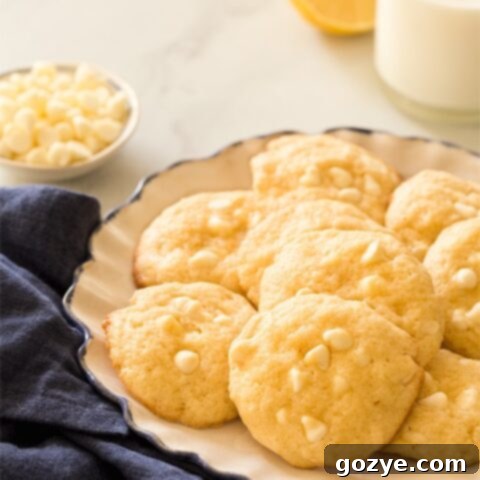 Add some brightness to your cookie tray with soft Lemon White Chocolate Chip Cookies! Recipe makes 1 dozen cookies with a punch of lemon and white chocolate.