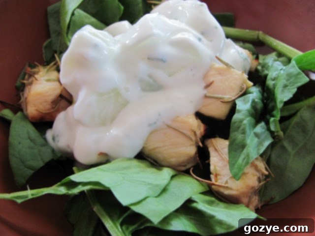 Grilled Greek Chicken Salad with refreshing Cucumber Dressing served on a bed of fresh spinach.