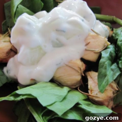 Greek Chicken Salad With Cucumber Dressing on a white plate
