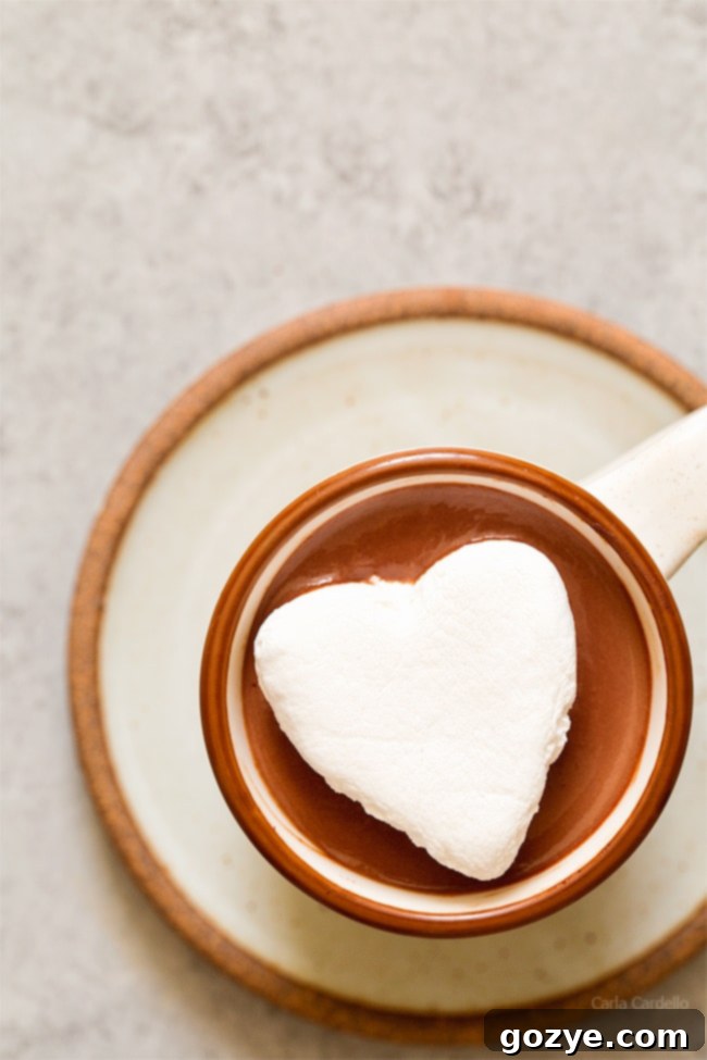 Thick hot chocolate with heart shaped marshmallow