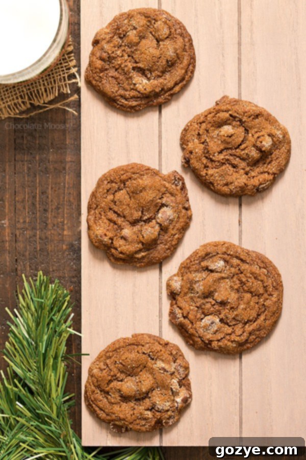 A generous pile of soft and chewy Chocolate Gingersnap Cookies, showing their rich brown color and inviting texture. Ideal for holiday gatherings.