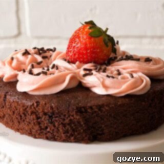Close up of small chocolate cake with rich frosting
