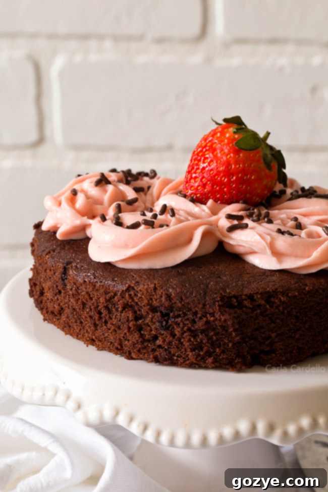 Close up of a slice of moist chocolate cake with vibrant pink strawberry frosting