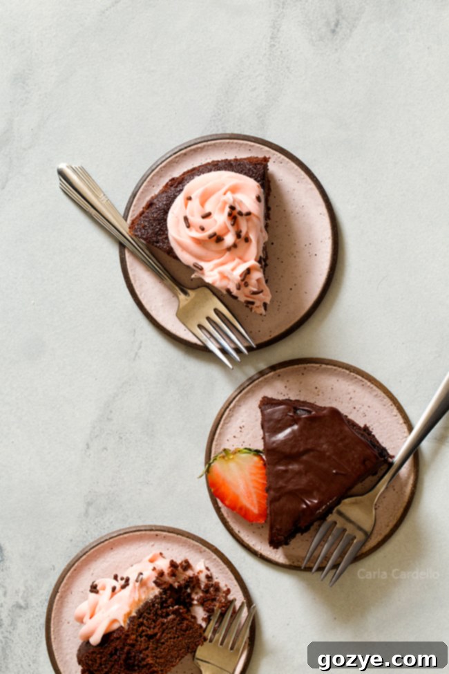 Multiple slices of the small chocolate cake recipe displayed on plates