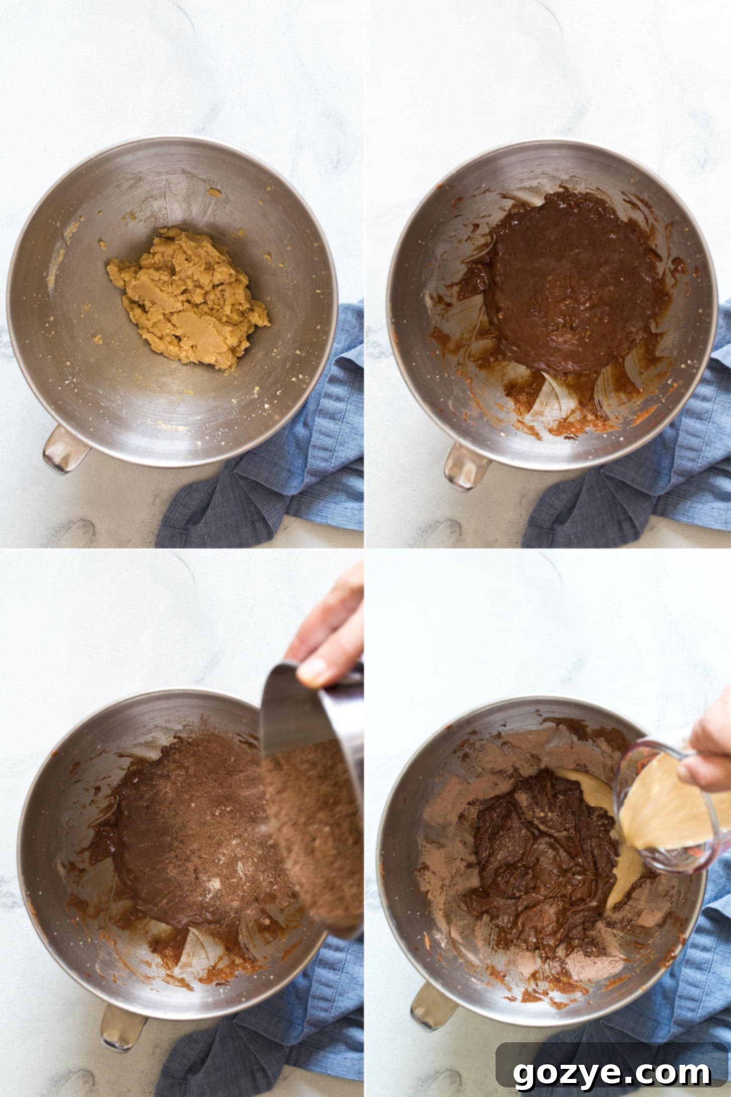Step-by-step photos illustrating the process of making small chocolate cake batter