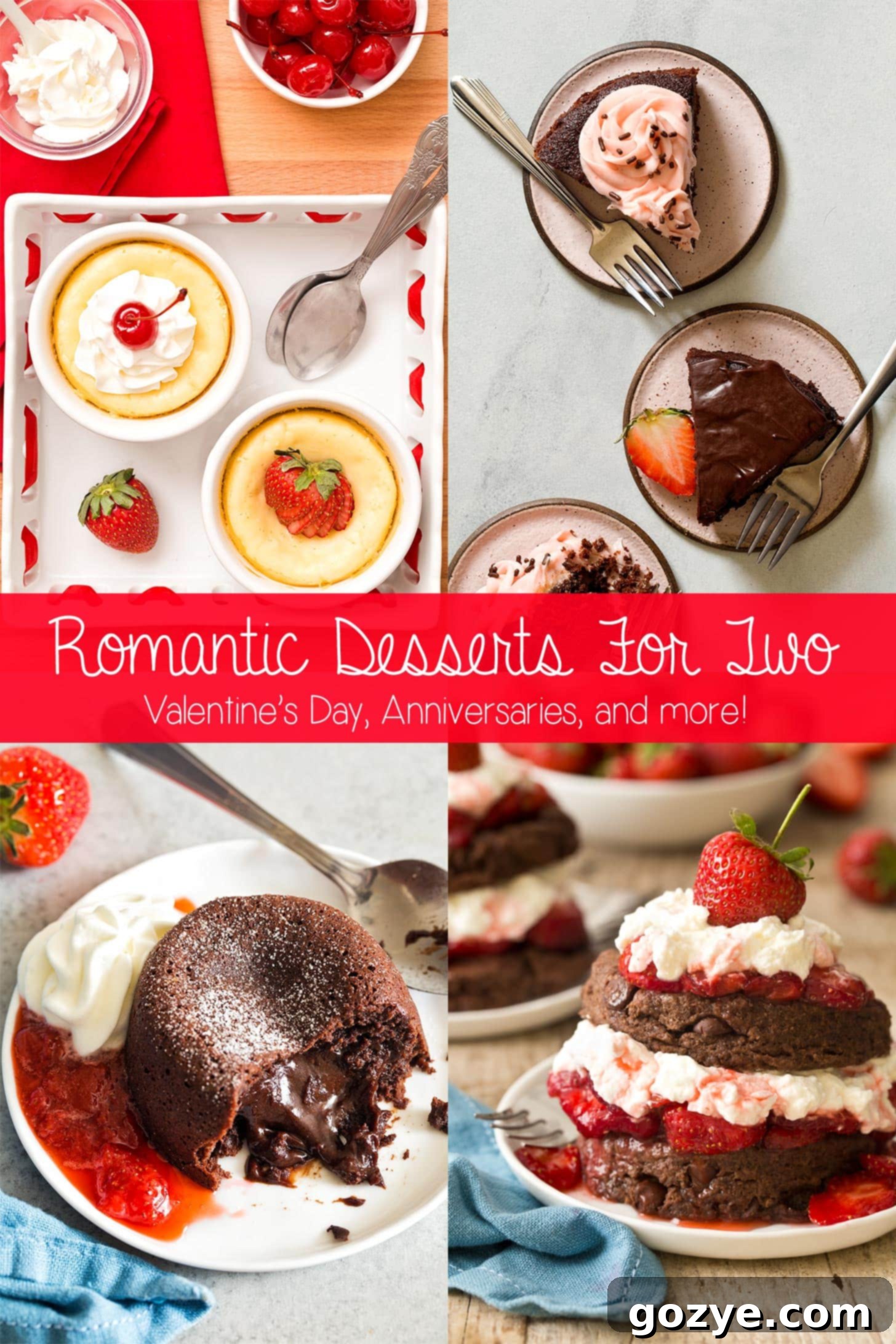 A collage of various romantic dessert recipes, including molten chocolate lava cakes, mini fruit pies, and cheesecakes, all perfectly portioned for two people.