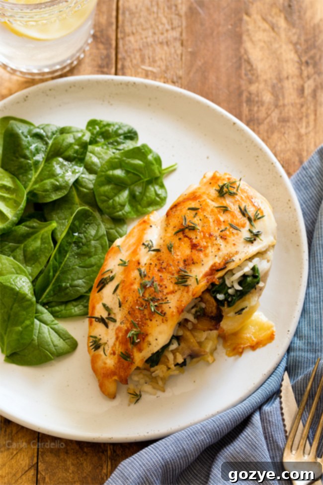 Stuffed Chicken Breast with rice, cheese, mushrooms, and spinach on a dinner plate