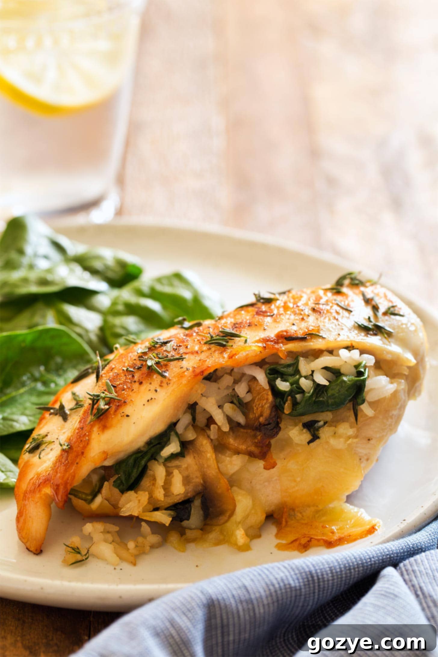 Close up of mushroom stuffed chicken breast on dinner plate
