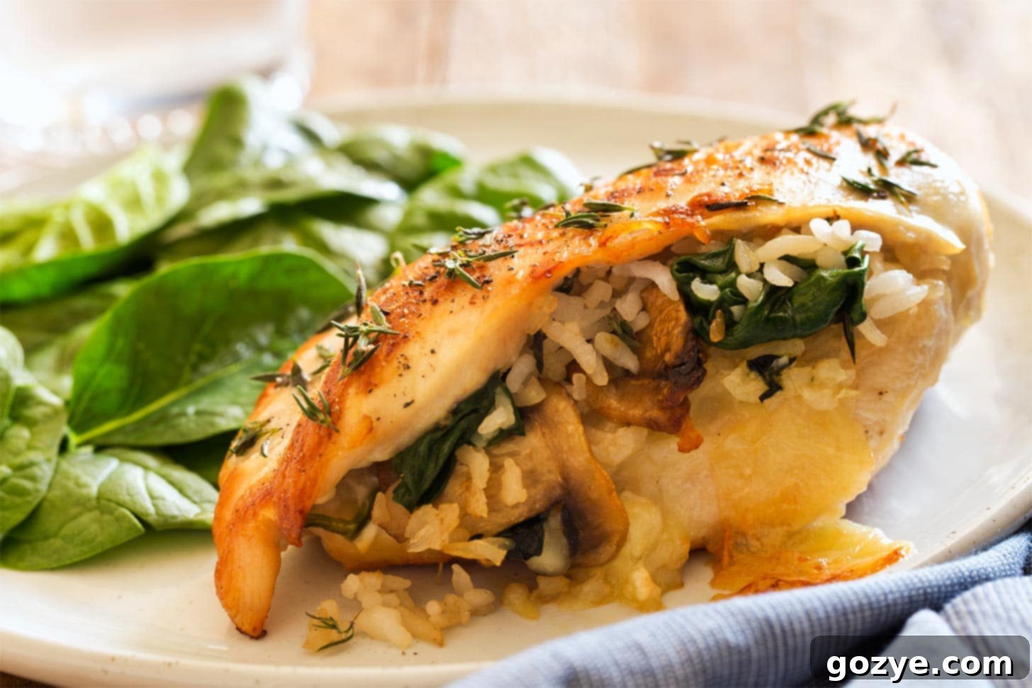 Close up of mushroom stuffed chicken breast on dinner plate with salad