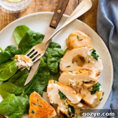 Rice Stuffed Chicken with mushroom, cheese, and spinach sliced on a white dinner plate