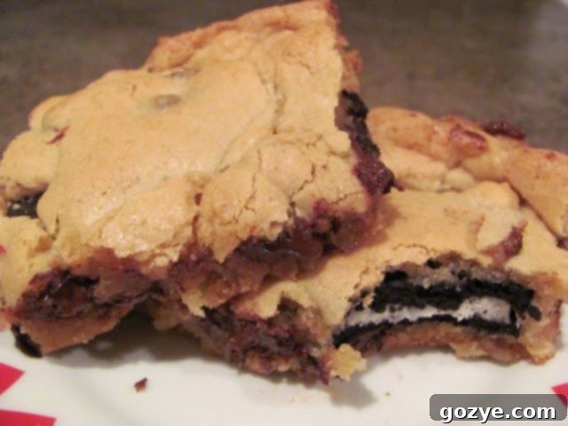 Oreo Stuffed Blondies on a cooling rack