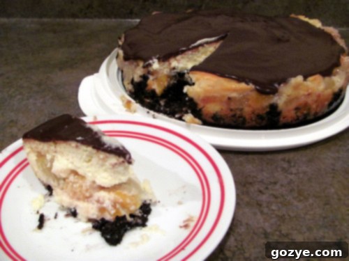 A delicious slice of homemade chocolate peach cheesecake