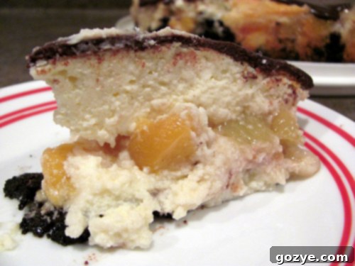 Pinterest graphic for Chocolate Peach Cheesecake recipe