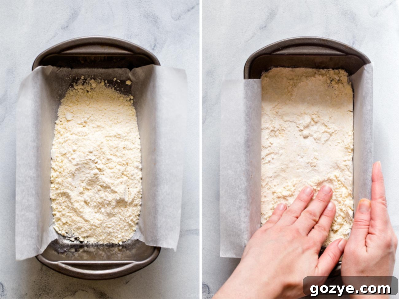 Zesty Small Batch Lemon Bars 5 Dough being patted evenly into a loaf pan, forming the base for small batch lemon bars