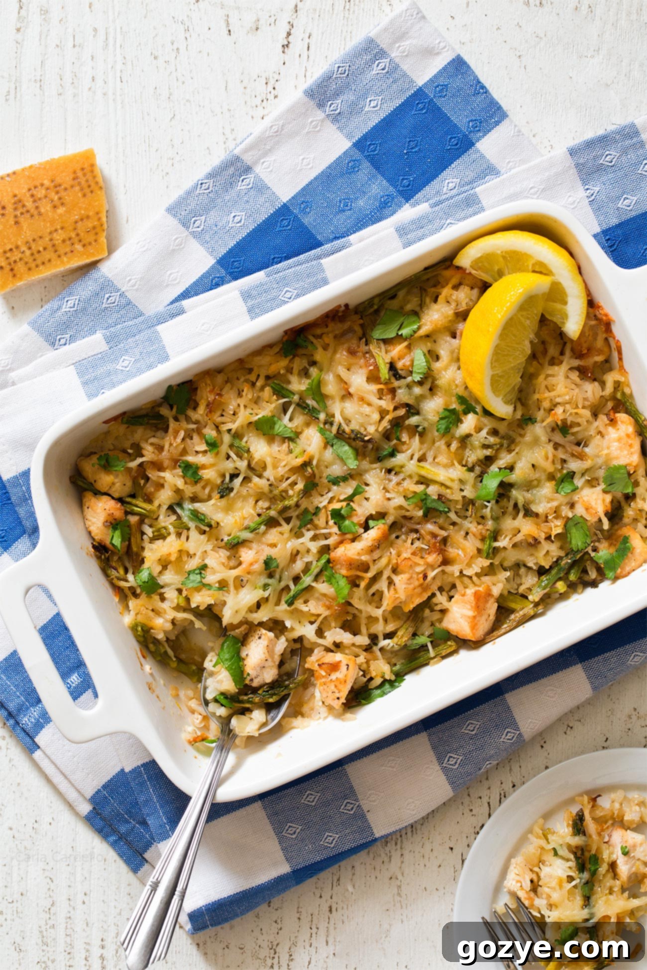 Lemon Chicken Rice Casserole in white casserole dish