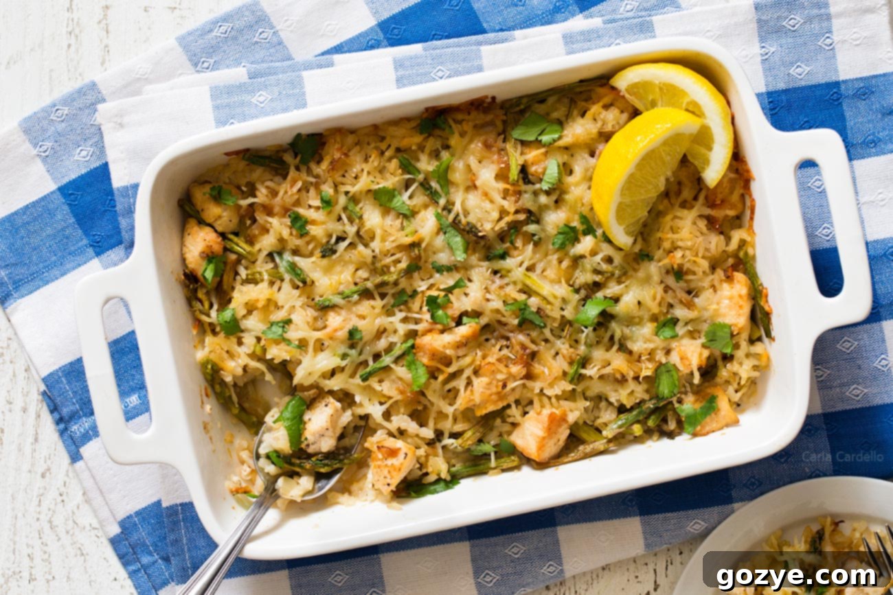 Lemon Chicken Rice Casserole with blue and white linen